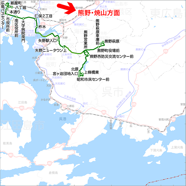 広島～熊野・焼山方面（東雲経由）-路線図